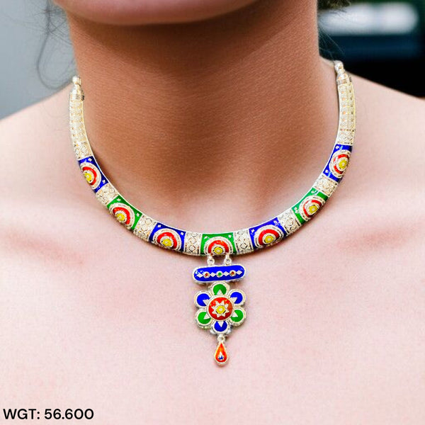 SILVER NECKLACE- CERTIFIED HALLMARK 925 SILVER HASULI NECKLACE 1 PIECE WITH EARRINGS (MINAKARI MANIPUR DESIGN) APPROX WGT: 56.600 GM (1 PIECE) FOR BEAUTIFUL WOMEN.