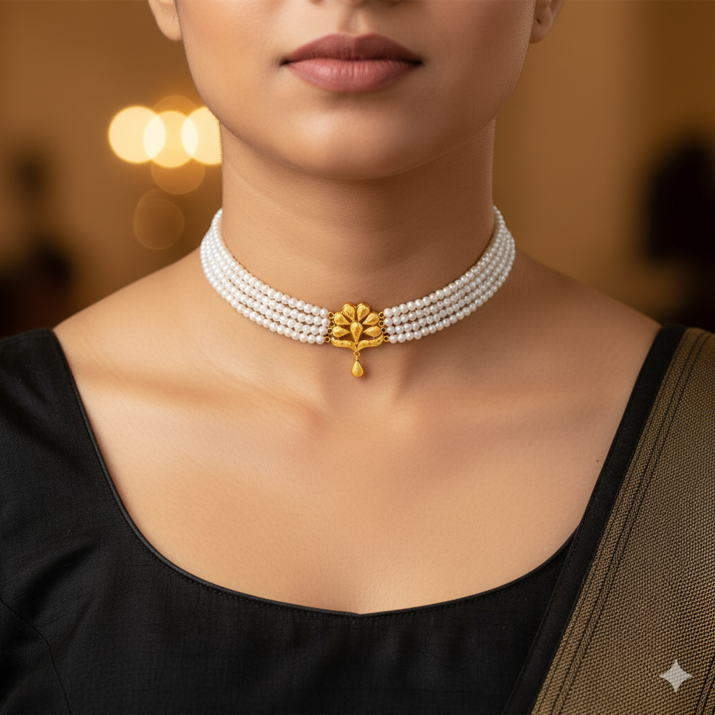 (GMC) CERTIFIED BIS HUID HALLMARK 916 22KT GOLD MOTI CHOKER 1 PIECE (WGT: 0.900 GM) WITH ADJUSTABLE TASSEL FOR GIFT IN MARRIAGE.