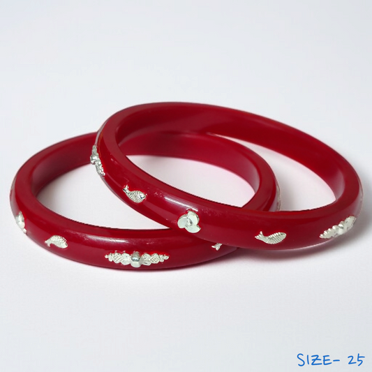 (SSP) (SIZE- 25) RED PASTING DESIGN 925 ORIGINAL SILVER POLA BANGLES FOR WOMEN 1 PAIR - SOLD AS MRP BY RAJLAXMI.