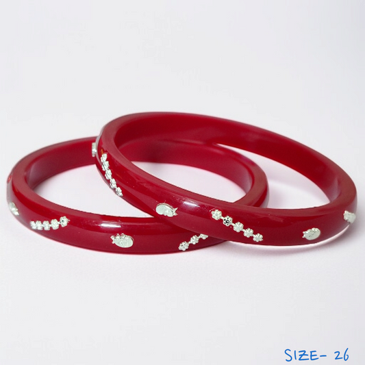 (SSP) (SIZE- 26) RED PASTING DESIGN 925 ORIGINAL SILVER POLA BANGLES FOR WOMEN 1 PAIR - SOLD AS MRP BY RAJLAXMI.