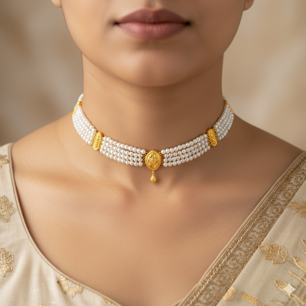 PEARL CHOKER- CERTIFIED BIS HUID HALLMARK 916 22KT GOLD MOTI CHOKER 1 PIECE (WGT: 0.990 GM) WITH ADJUSTABLE TASSEL FOR GIFT IN MARRIAGE.