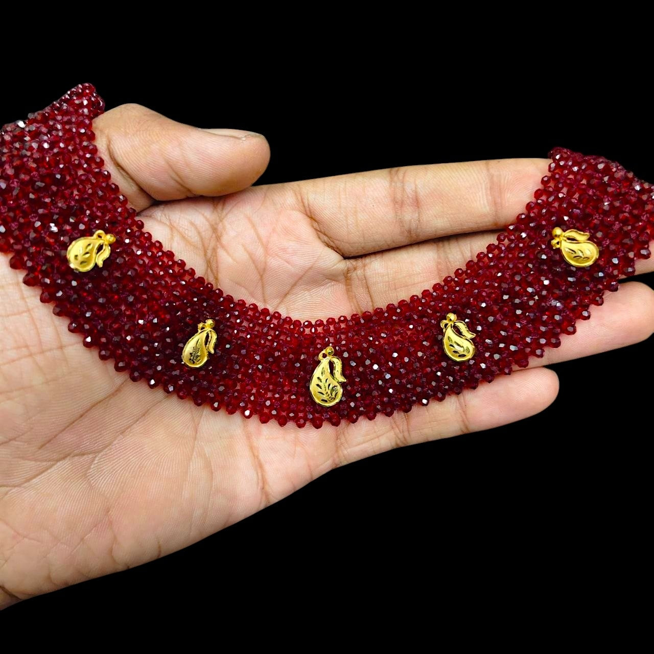 GOLD MOTI HAR- (WGT: 0.910 GM APPROX) HUID HALLMARK 375 9KT GOLD CRYSTAL CHATAI NECKLACE 1 PIECE WITH ADJUSTABLE TASSEL.