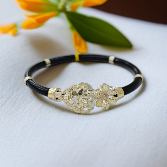 (GREAT FREEDOM SALE) TRJ BLACK FLOWER DESIGN 925 ORIGINAL SILVER NOA BANGLES FOR WOMEN 1 PIECE - SOLD AS MRP BY RAJLAXMI.