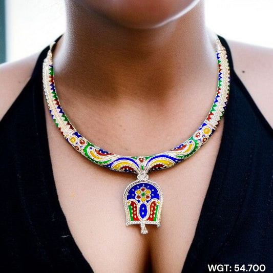 FESTIVE SILVER OFFER (PREMIUM JEWELLERY) CERTIFIED HALLMARK 925 SILVER HASULI NECKLACE 1 PIECE WITH EARRINGS (MINAKARI MANIPUR DESIGN) APPROX WGT: 54.700 GM (1 PIECE) FOR BEAUTIFUL WOMEN.