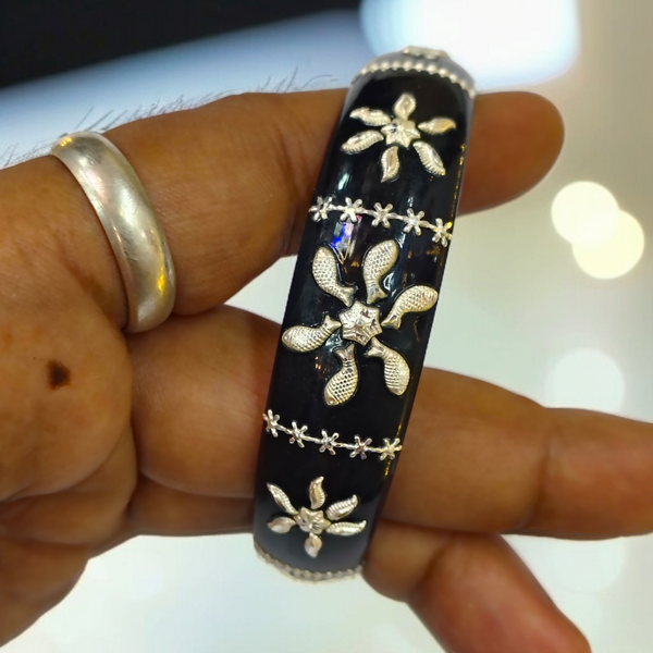 (SSP) (SIZE- 25) BLACK PASTING DESIGN 925 ORIGINAL SILVER POLA BANGLES FOR WOMEN 1 PC - SOLD AS MRP BY RAJLAXMI.