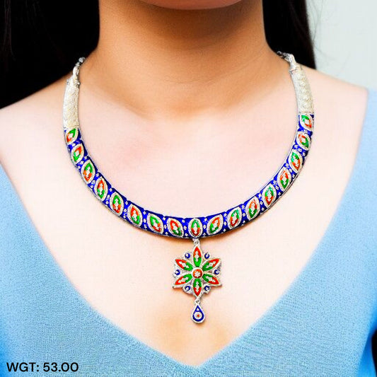 FESTIVE SILVER OFFER (PREMIUM JEWELLERY) CERTIFIED HALLMARK 925 SILVER HASULI NECKLACE 1 PIECE WITH EARRINGS (MINAKARI MANIPUR DESIGN) APPROX WGT: 53.00 GM (1 PIECE) FOR BEAUTIFUL WOMEN.