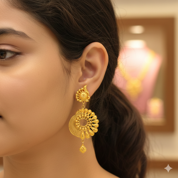 GOLD EARRINGS- BIS CERTIFIED WGT: 4.720 GM APPROX HUID HALLMARK 916 22KT GOLD EARRINGS KANBALA 1 PAIR FOR WOMEN. (UFAAKR)-(5CSUZN)