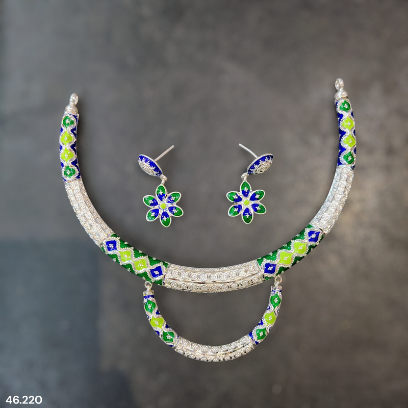 SILVER NECKLACE- CERTIFIED HALLMARK 925 SILVER HASULI NECKLACE 1 PIECE WITH EARRINGS (MINAKARI MANIPUR DESIGN) APPROX WGT: 46.220 GM (1 PIECE) FOR BEAUTIFUL WOMEN.