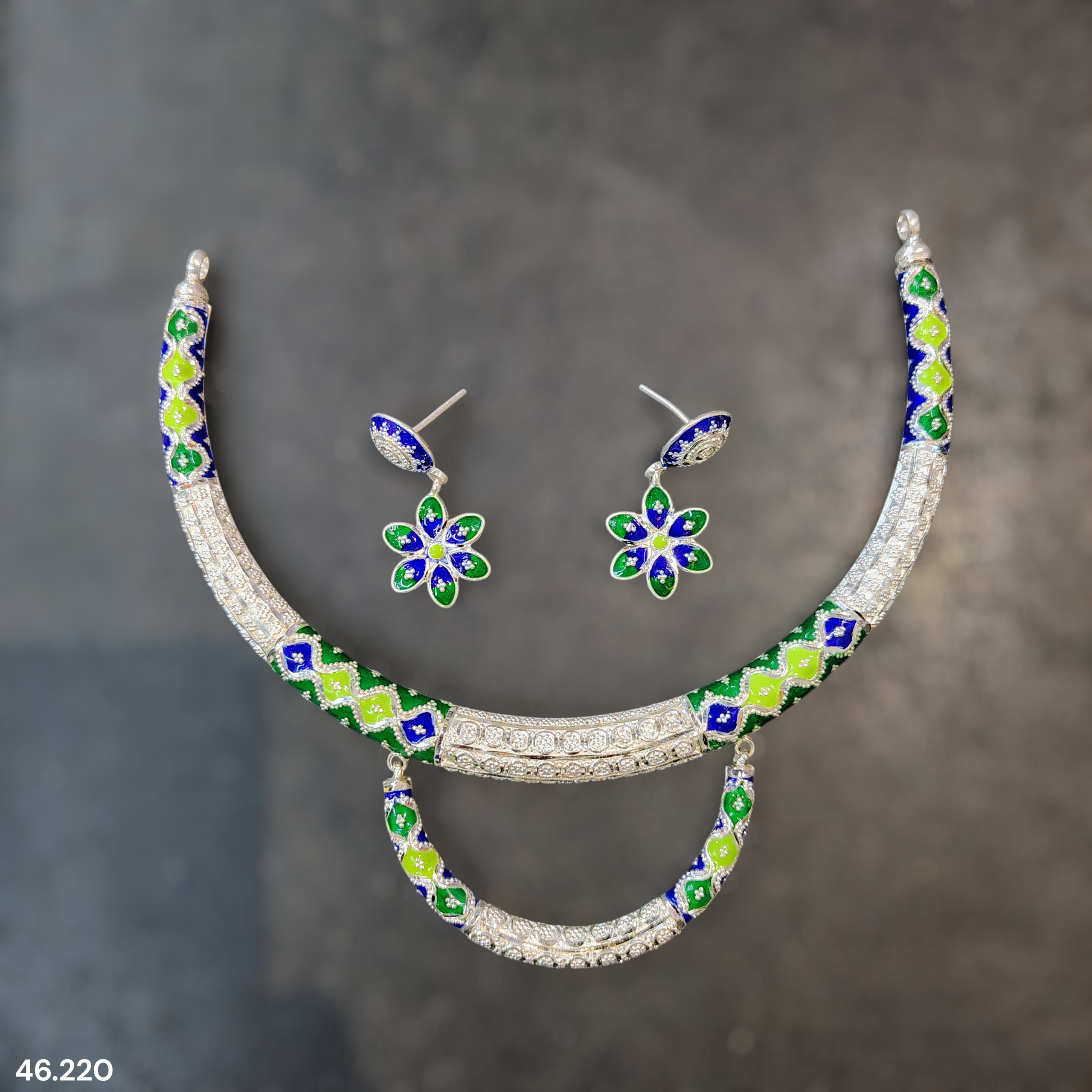 SILVER NECKLACE- CERTIFIED HALLMARK 925 SILVER HASULI NECKLACE 1 PIECE WITH EARRINGS (MINAKARI MANIPUR DESIGN) APPROX WGT: 46.220 GM (1 PIECE) FOR BEAUTIFUL WOMEN.