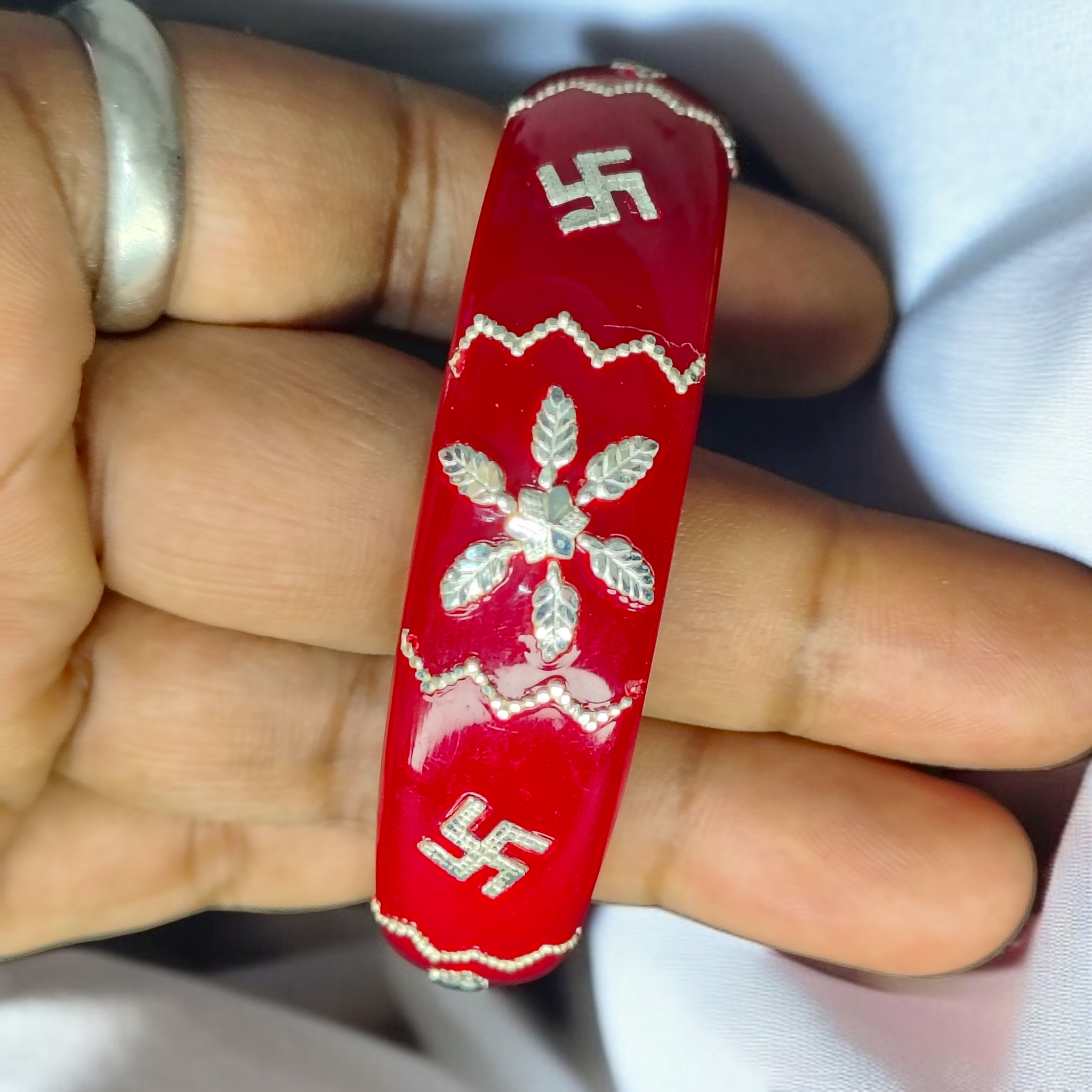 (SSP) (SIZE- 24) RED PASTING DESIGN 925 ORIGINAL SILVER POLA BANGLES FOR WOMEN 1 PC - SOLD AS MRP BY RAJLAXMI.