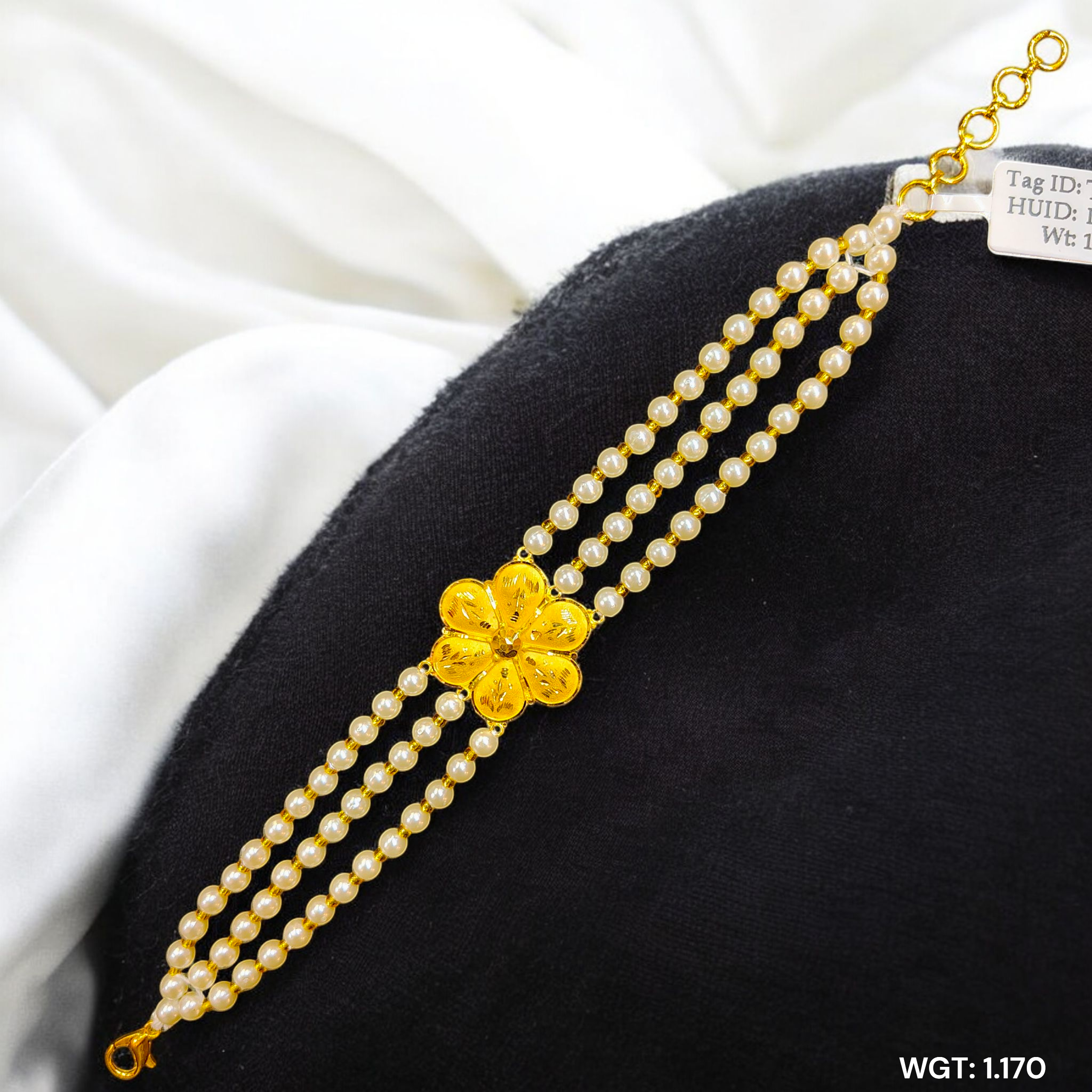 (GMW) RAJLAXMI WGT: 1.170 GM APPROX HUID HALLMARK 916 22KT GOLD MANTASHA WITH PEARL CHAIN FOR WOMEN.