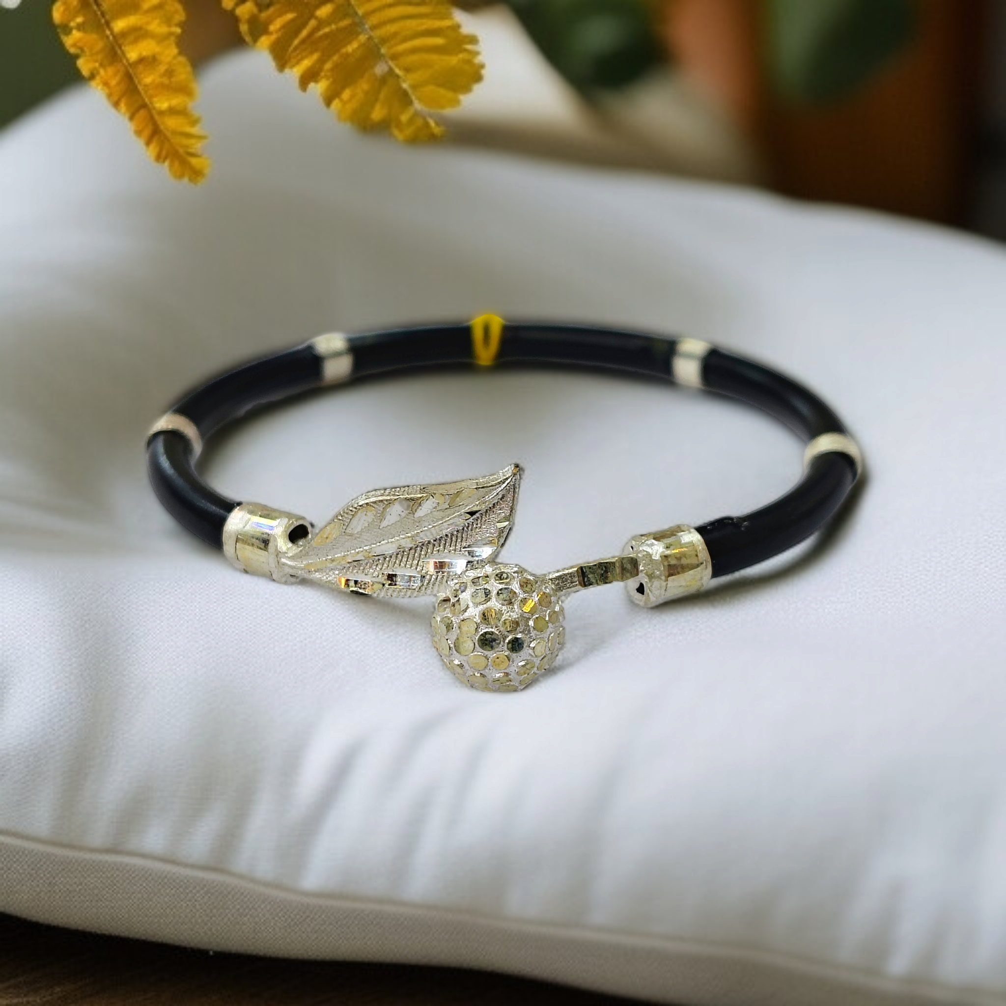(SLNB) TRJ BLACK LEAF CIRCLE DESIGN 925 ORIGINAL SILVER NOA BANGLES FOR WOMEN 1 PIECE - SOLD AS MRP BY RAJLAXMI.
