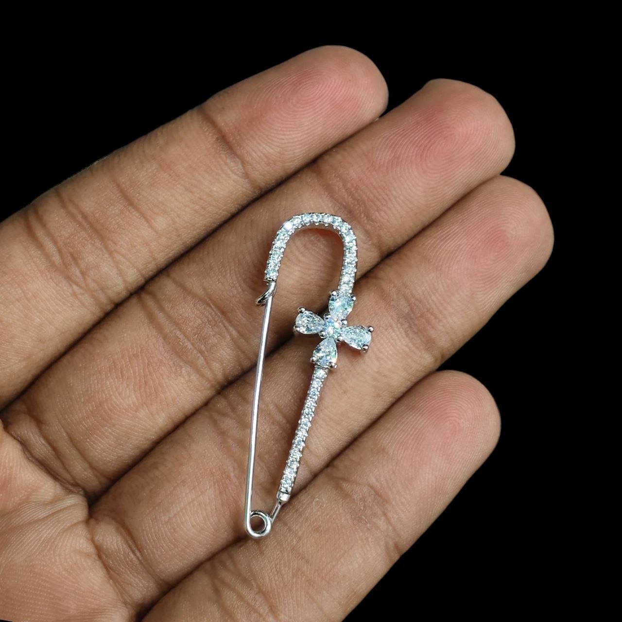 SILVER BROOCH- CERTIFIED BIS HALLMARK 925 SILVER BROOCH CEPTIPIN FOR SAREE 1 PIECE STUDDED WITH AMERICAN DIAMOND- (SOLD ON MRP) NON EXCHANGEABLE ITEM.