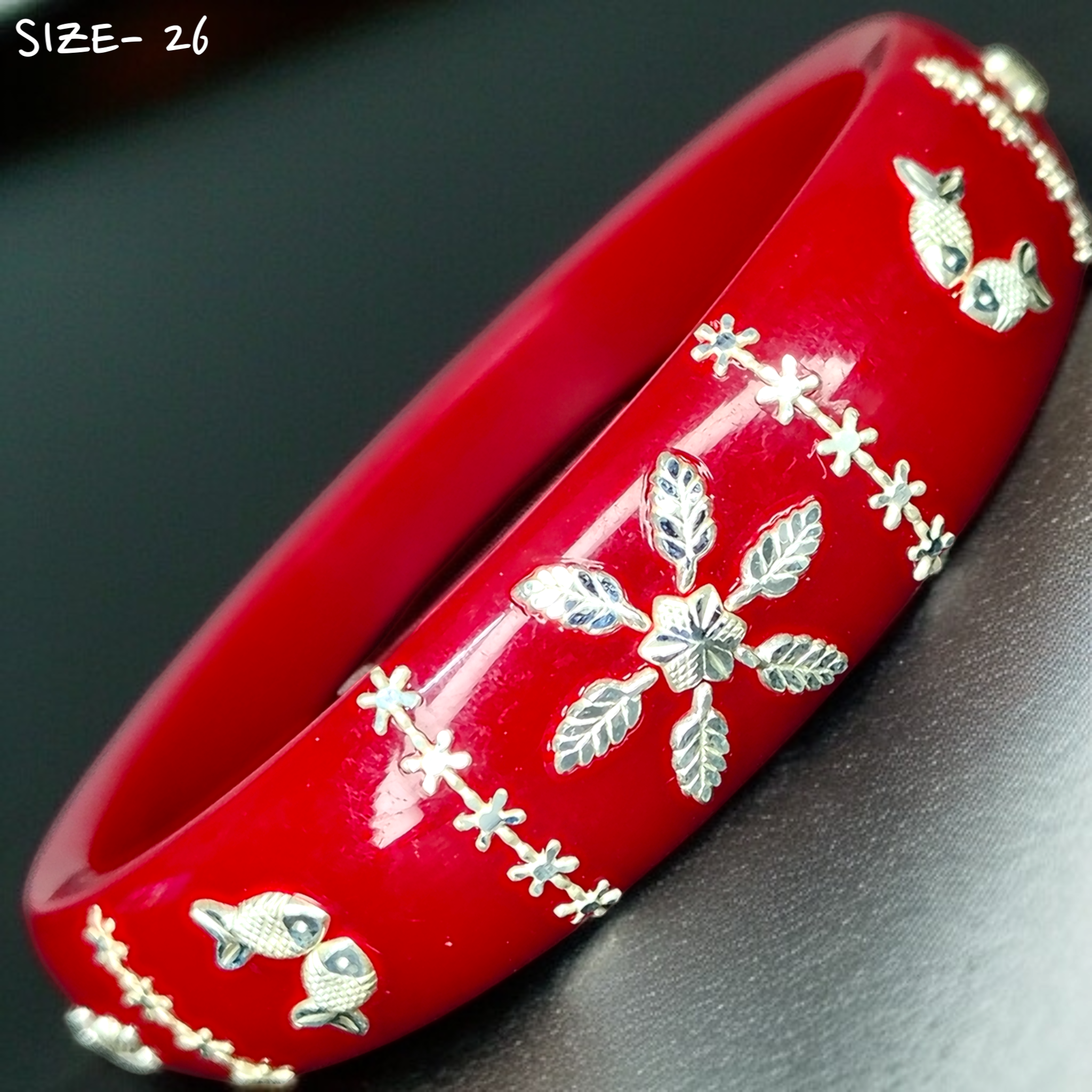(SSP) (SIZE- 26) RED PASTING DESIGN 925 ORIGINAL SILVER POLA BANGLES FOR WOMEN 1 PC - SOLD AS MRP BY RAJLAXMI.