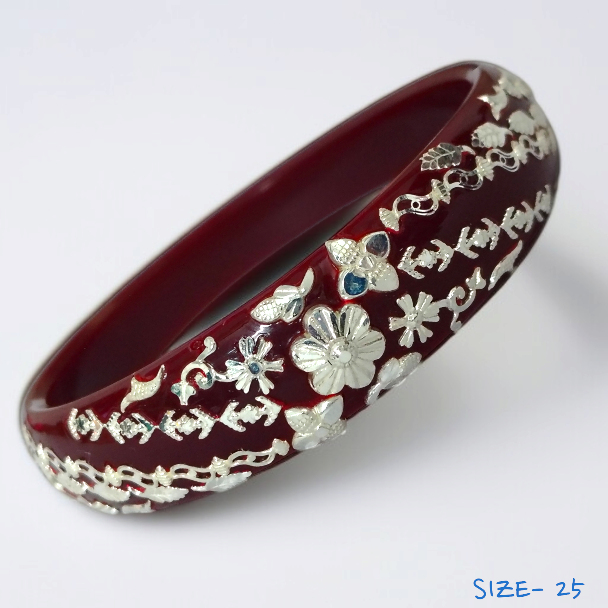 (SSP) (SIZE- 25) MAROON PASTING DESIGN 925 ORIGINAL SILVER POLA BANGLES FOR WOMEN 1 PC - SOLD AS MRP BY RAJLAXMI.