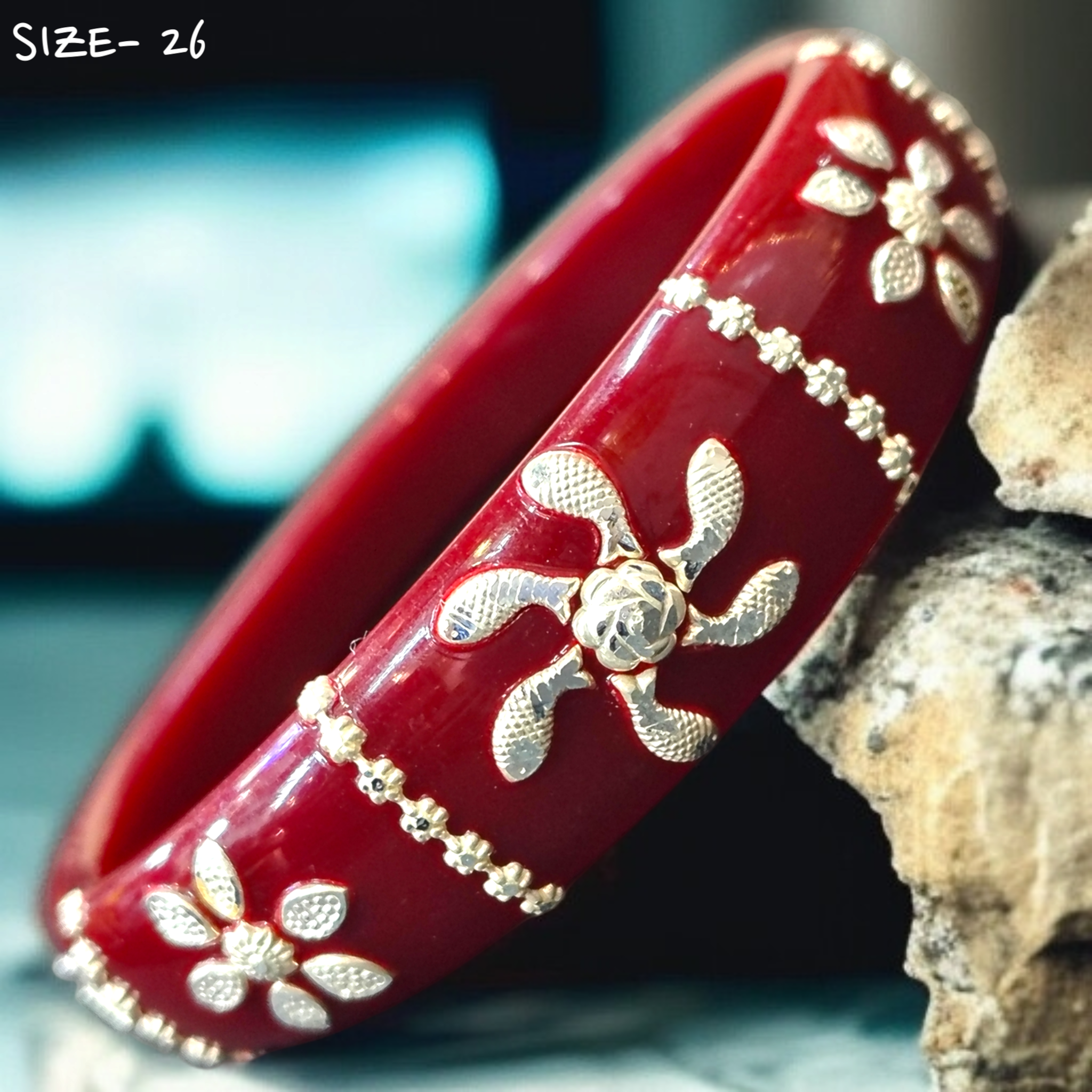 (SSP) (SIZE- 26) MAROON PASTING DESIGN 925 ORIGINAL SILVER POLA BANGLES FOR WOMEN 1 PC - SOLD AS MRP BY RAJLAXMI.