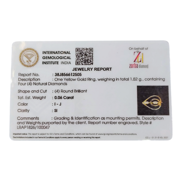 RAJLAXMI DIAMOND JEWELLERY (SIZE:16) - WGT: 1.520 GM - NATURAL DIAMOND (0.06 CENT) HUID HALLMARK 18KT DIAMOND FINGER RING FOR WOMEN WITH CERTIFICATE OF AUTHENTICITY BY ZORBA (DESIGN NO: LRAP1826).