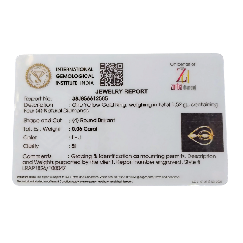 RAJLAXMI DIAMOND JEWELLERY (SIZE:16) - WGT: 1.520 GM - NATURAL DIAMOND (0.06 CENT) HUID HALLMARK 18KT DIAMOND FINGER RING FOR WOMEN WITH CERTIFICATE OF AUTHENTICITY BY ZORBA (DESIGN NO: LRAP1826).