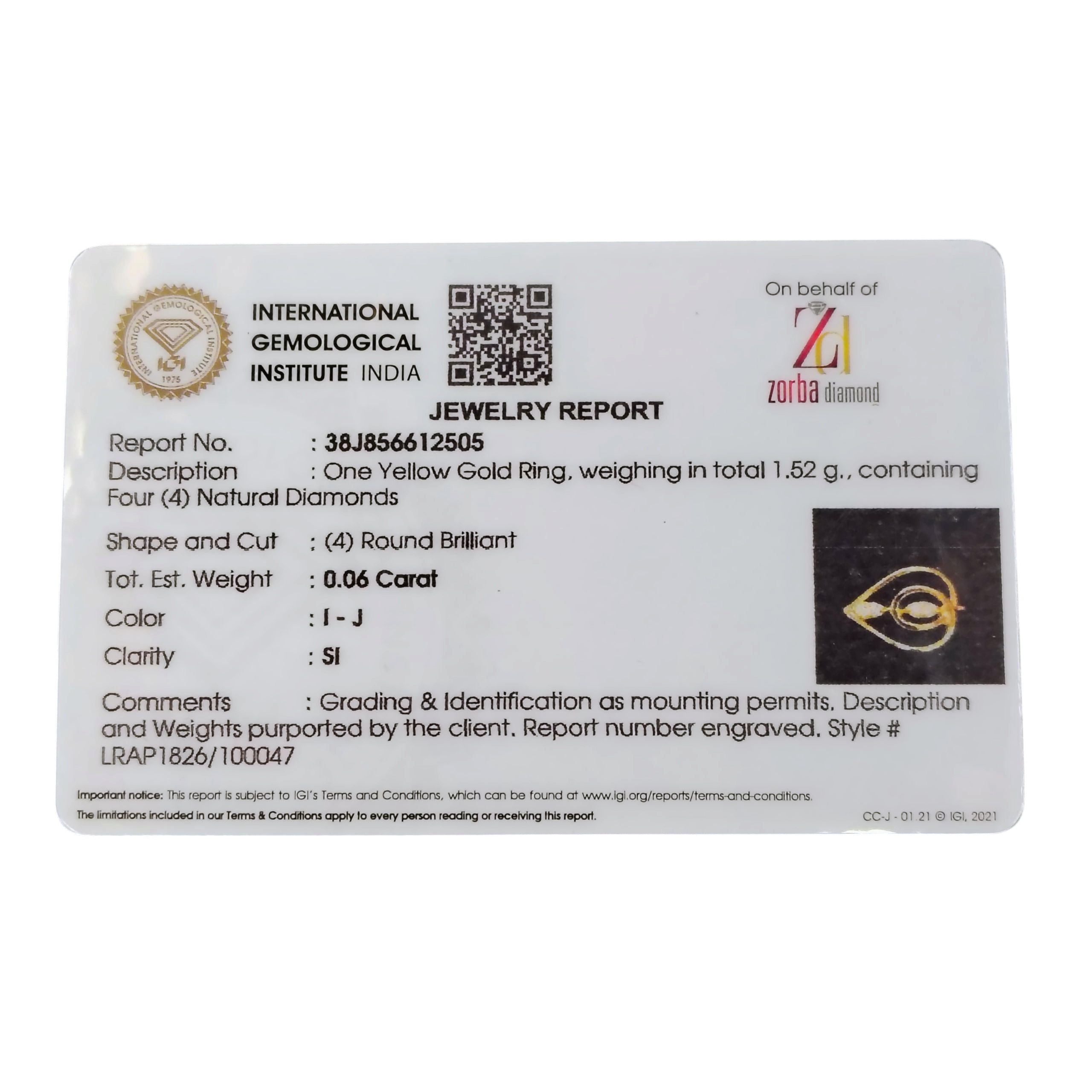 (GLFR18) RAJLAXMI DIAMOND JEWELLERY (SIZE:16) - WGT: 1.520 GM - NATURAL DIAMOND (0.06 CENT) HUID HALLMARK 18KT DIAMOND FINGER RING FOR WOMEN WITH CERTIFICATE OF AUTHENTICITY BY ZORBA (DESIGN NO: LRAP1826).