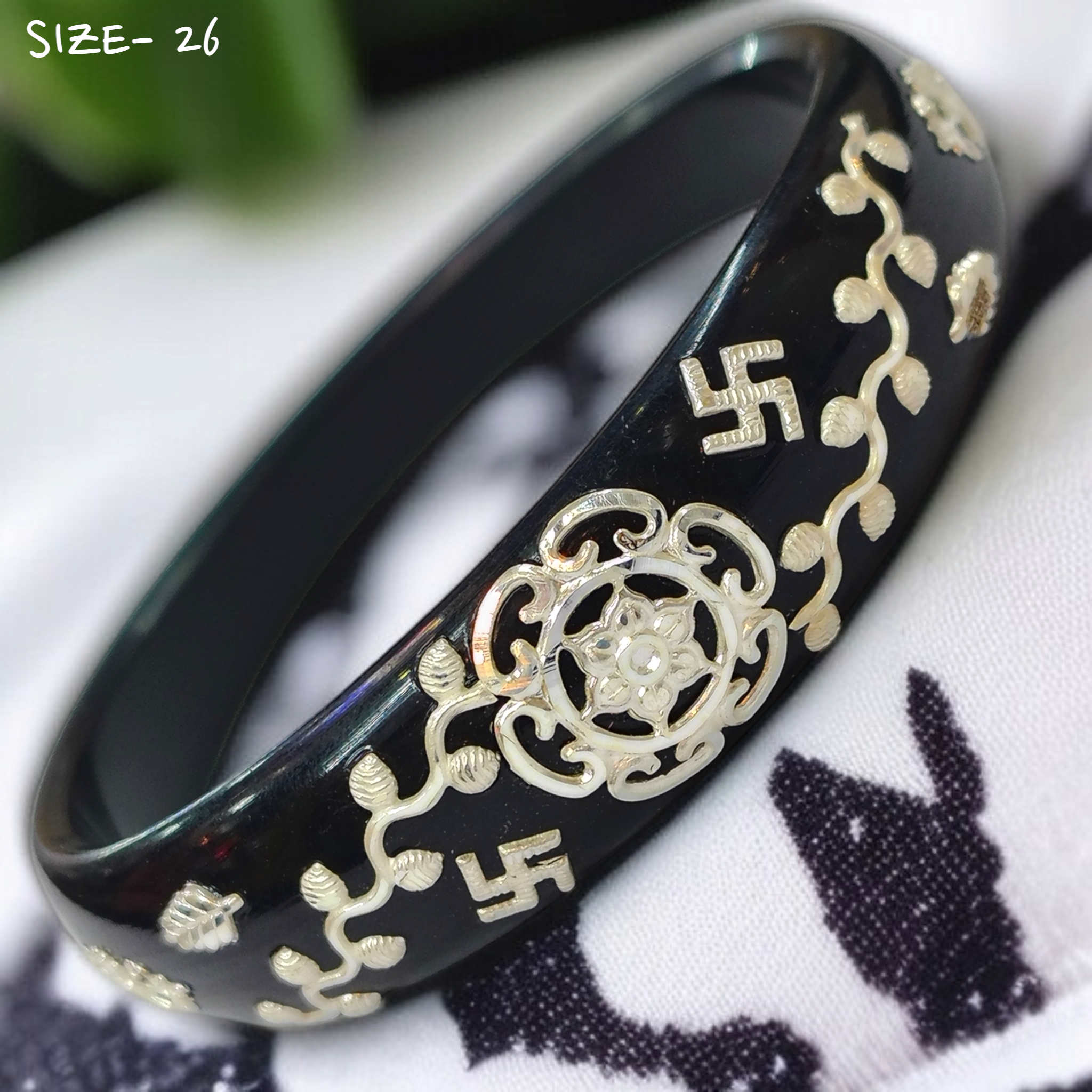 (SSP) (SIZE- 26) BLACK PASTING DESIGN 925 ORIGINAL SILVER POLA BANGLES FOR WOMEN 1 PC - SOLD AS MRP BY RAJLAXMI.