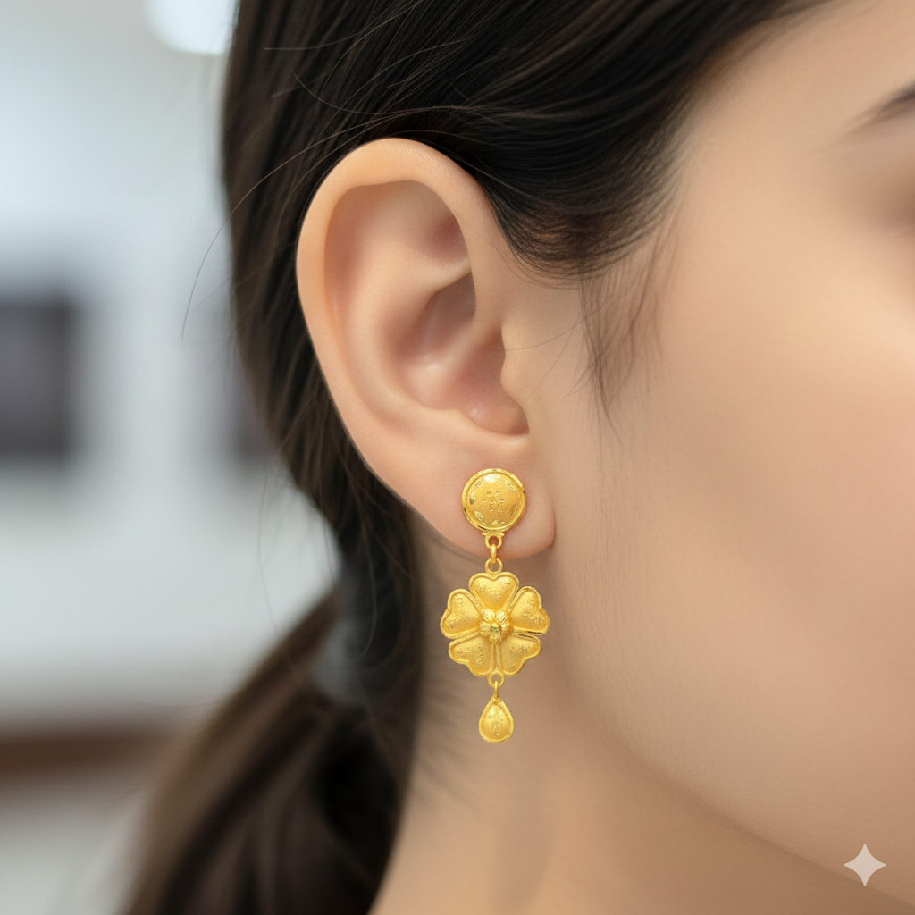 (GER22) BIS CERTIFIED WGT: 1.640 GM APPROX HUID HALLMARK 916 22KT GOLD EARRINGS KANBALA 1 PAIR FOR WOMEN.