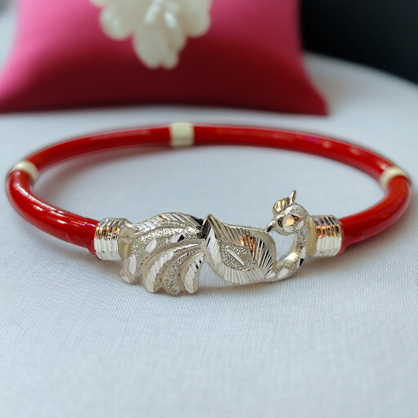 TRJ RED PEACOCK DESIGN 925 ORIGINAL SILVER NOA BANGLES FOR WOMEN 1 PIECE - SOLD AS MRP BY RAJLAXMI.
