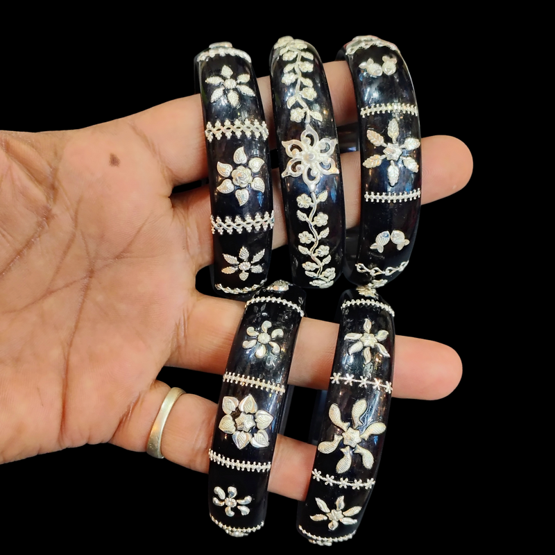 (SSP) BLACK COLOUR LASER PASTING DESIGN ORIGINAL HALLMARK 925 SILVER BRACELET POLA FOR WOMEN 1 PIECE - SOLD AS MRP BY RAJLAXMI (GET ANY DESIGN AS PER SIZE).