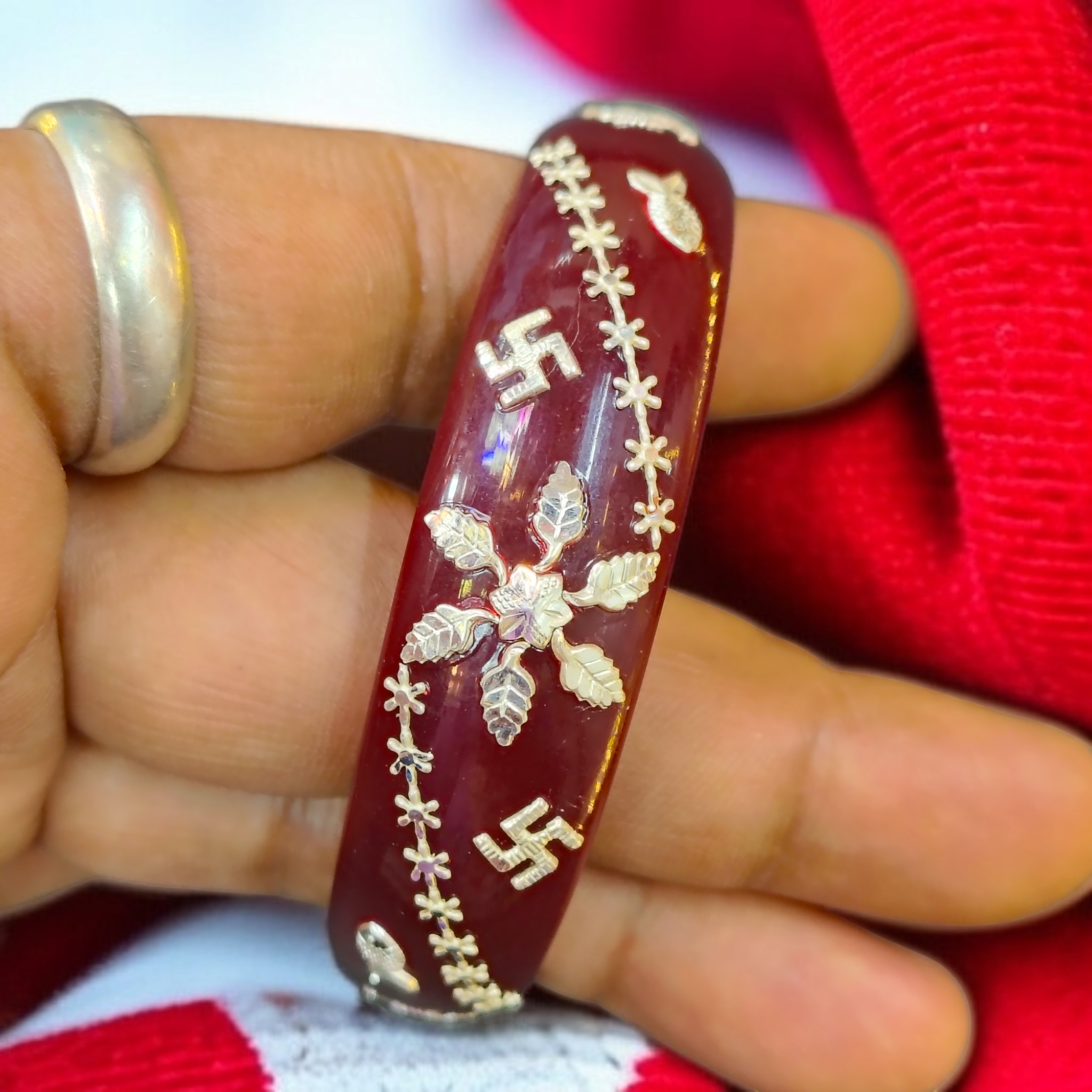 (SSP) (SIZE- 23) MAROON PASTING DESIGN 925 ORIGINAL SILVER POLA BANGLES FOR WOMEN 1 PC - SOLD AS MRP BY RAJLAXMI.
