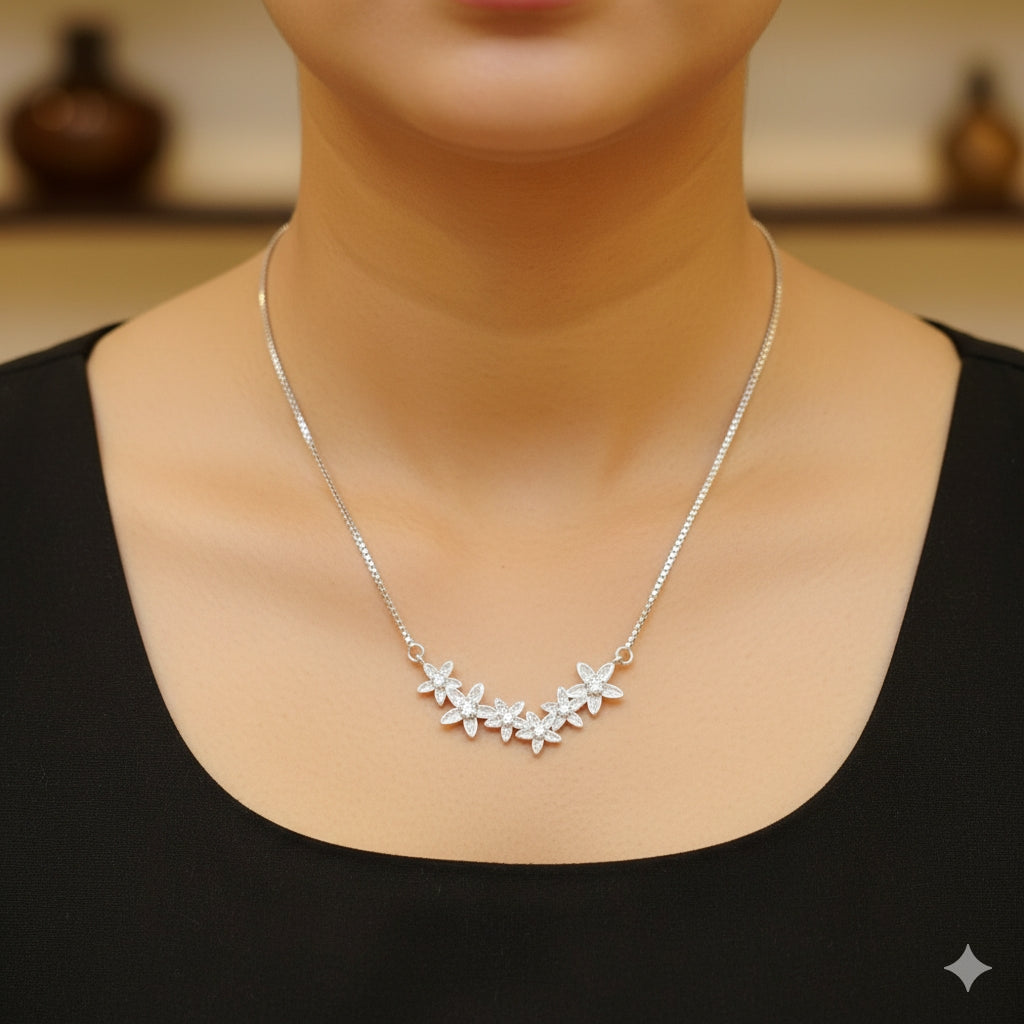 (JIVA COLLECTION) CERTIFIED BIS HALLMARK 925 STERLING SILVER CHAIN 18 INCH WITH STUDDED FLOWER PENDANT - BANKOK IMPORTED (SOLD ON MRP)