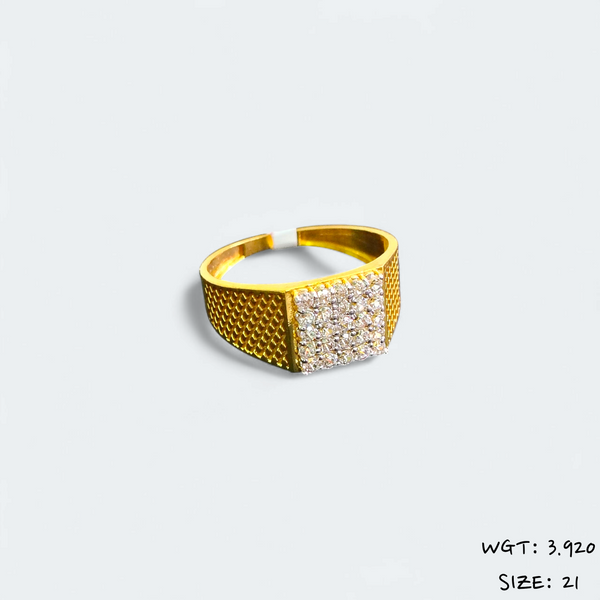 TRJ (SIZE: 21) CERTIFIED BIS HUID HALLMARK 916 22KT GOLD GENTS FINGER RING FOR MENS 1 PIECE (WGT: 3.920 GRAM APPROX) STUDDED WITH ITALIAN VVS QUALITY CZ STONE.