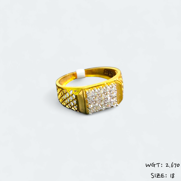 TRJ (SIZE: 18) CERTIFIED BIS HUID HALLMARK 916 22KT GOLD GENTS FINGER RING FOR MENS 1 PIECE (WGT: 2.670 GRAM APPROX) STUDDED WITH ITALIAN VVS QUALITY CZ STONE.