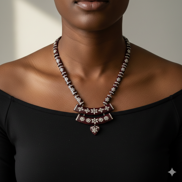 MAROON LUXURY SILVER NECKLACE- CERTIFIED HALLMARK 925 SILVER POLA SITAHAR WITH EARRINGS APPROX WGT: 8.00 GM (1 PIECE) WITH TASSEL FOR BEAUTIFUL WOMEN (GET ANY DESIGN AS PER STOCK).