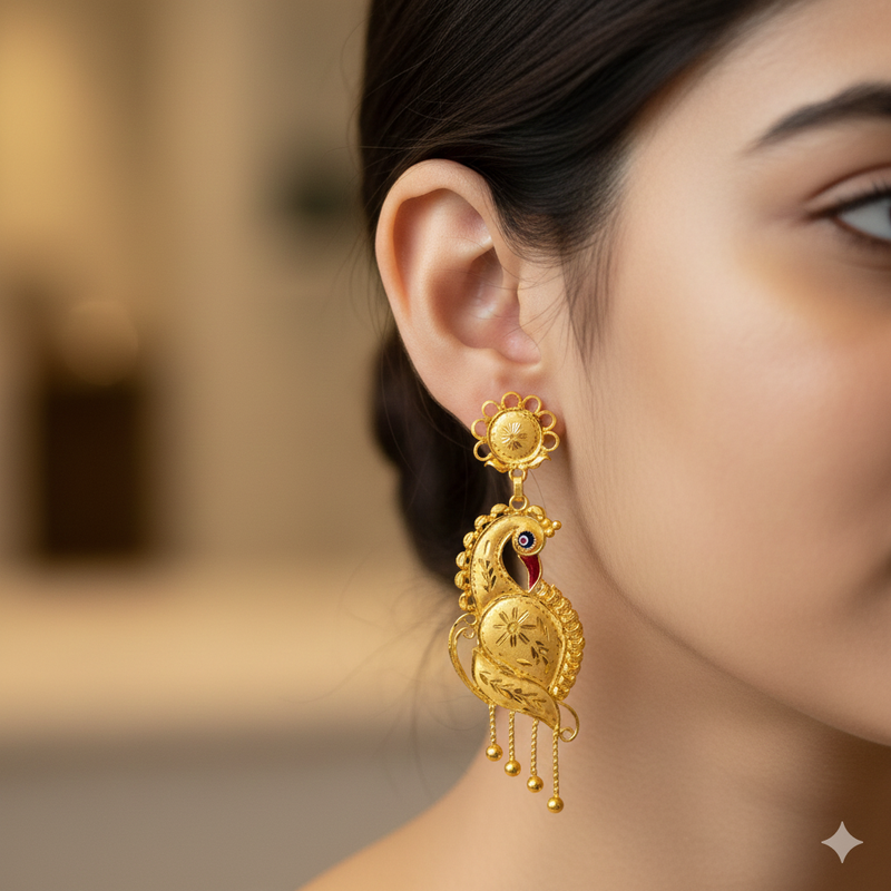 GOLD EARRINGS- BIS CERTIFIED WGT: 4.960 GM APPROX HUID HALLMARK 916 22KT GOLD EARRINGS KANBALA 1 PAIR FOR WOMEN. (PYFNME)-(BTX24S)