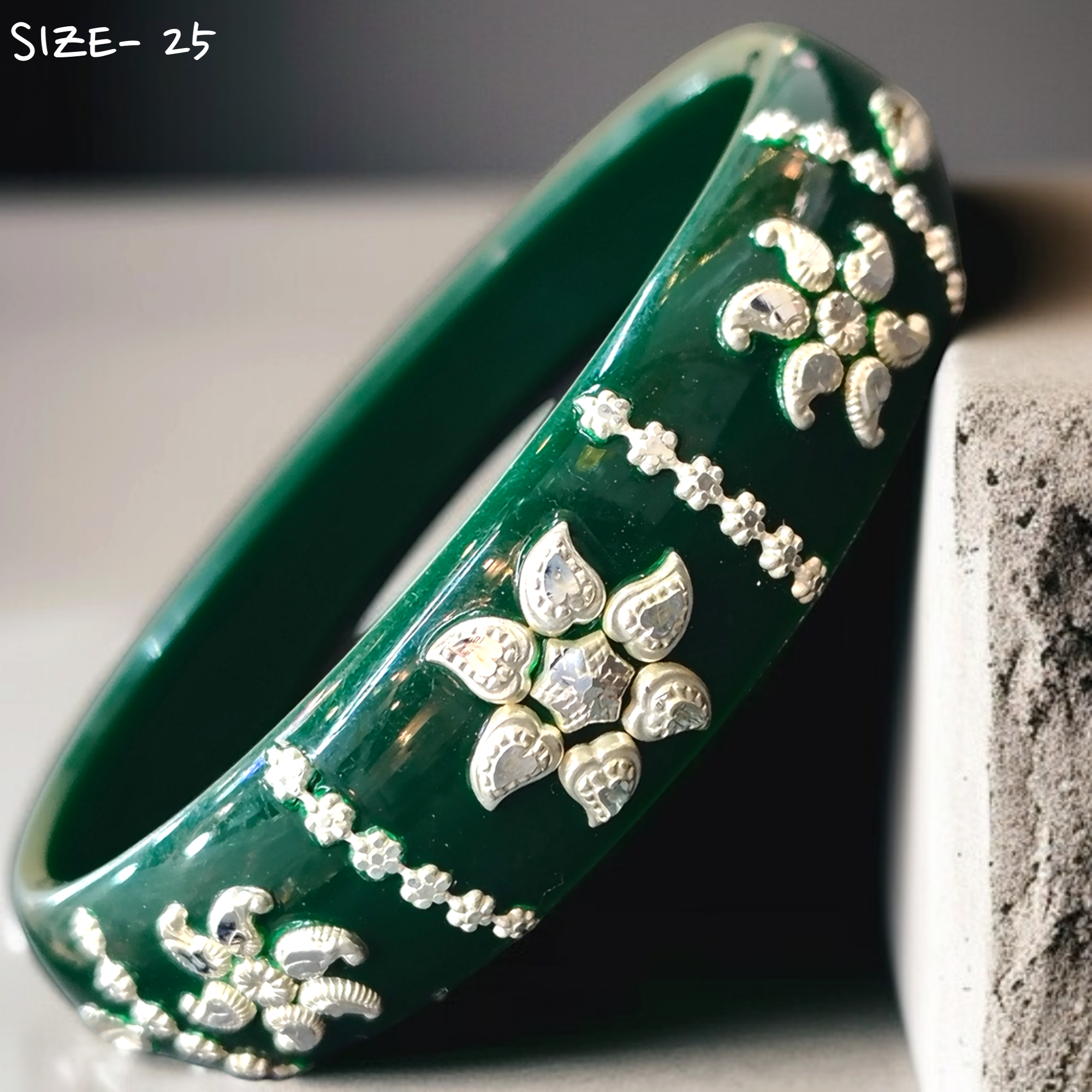 (SSP) (SIZE- 25) GREEN PASTING DESIGN 925 ORIGINAL SILVER POLA BANGLES FOR WOMEN 1 PC - SOLD AS MRP BY RAJLAXMI.