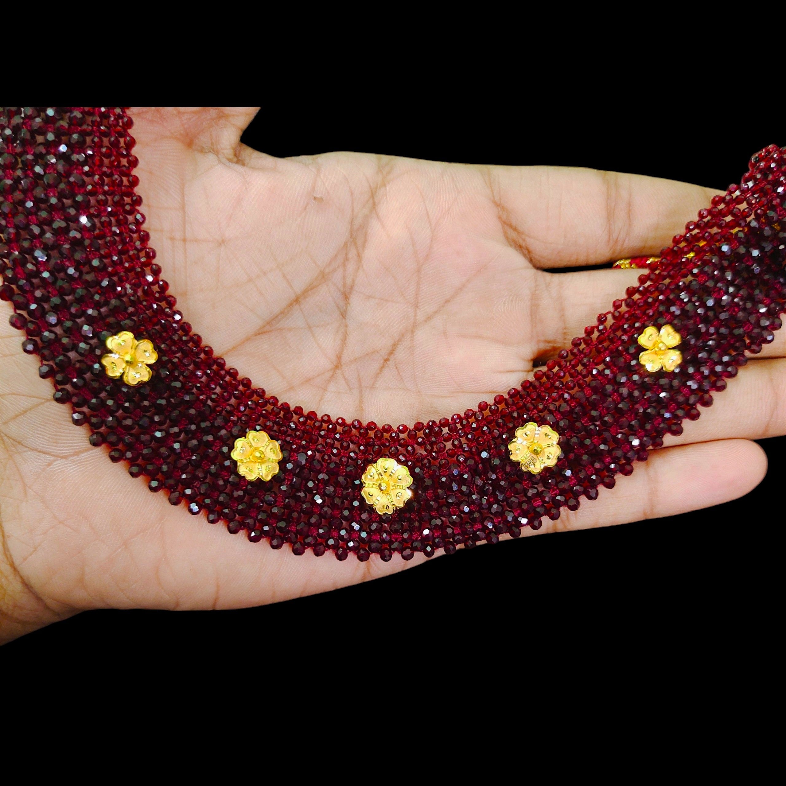 GOLD MOTI HAR- (WGT: 1.210 GM APPROX) HUID HALLMARK 375 9KT GOLD CRYSTAL CHATAI NECKLACE 1 PIECE WITH ADJUSTABLE TASSEL.