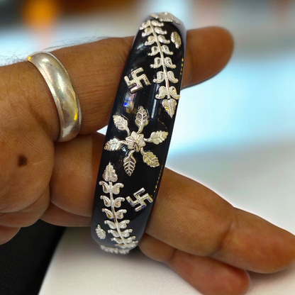 (SSP) (SIZE- 26) BLACK PASTING DESIGN 925 ORIGINAL SILVER POLA BANGLES FOR WOMEN 1 PC - SOLD AS MRP BY RAJLAXMI.