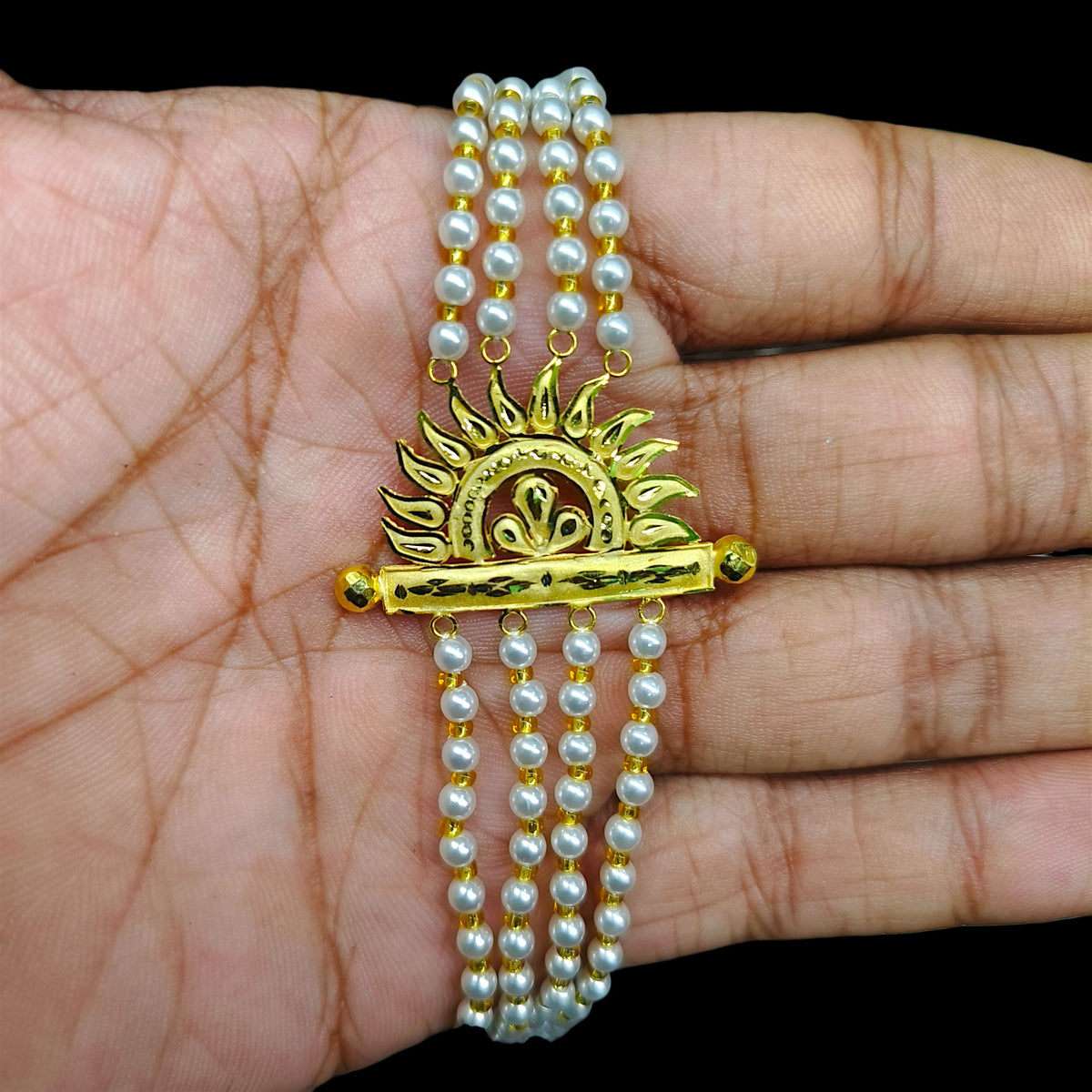 GOLD MANTASHA- (WI41UK)-(WGT: 0.890 GM APPROX) BIS CERTIFIED HUID HALLMARK 375 9KT GOLD MOTI MANTASHA WITH PEARL CHAIN FOR WOMEN.