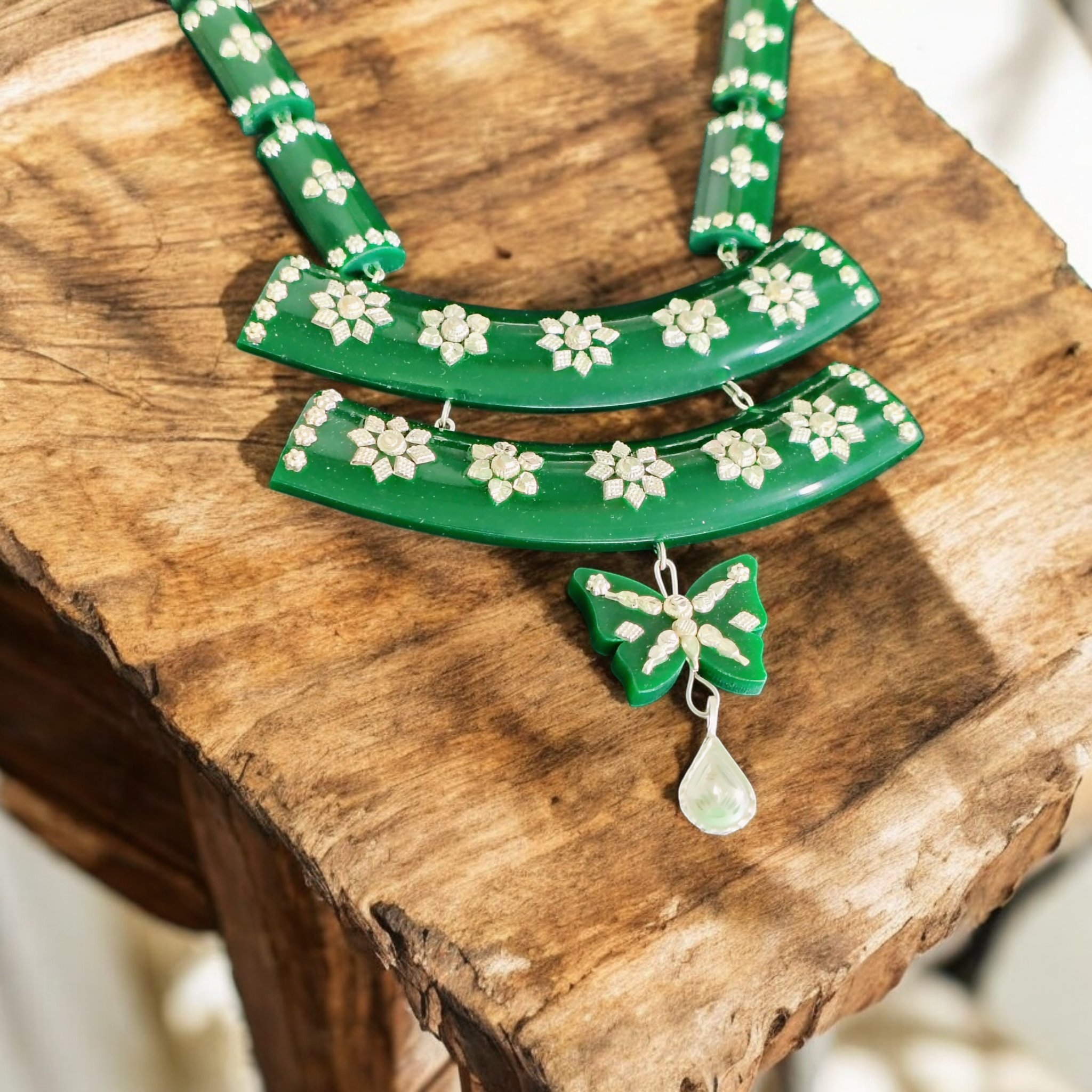 GREEN SILVER NECKLACE- CERTIFIED HALLMARK 925 SILVER POLA SITAHAR WITH EARRINGS APPROX WGT: 8.00 GM (1 PIECE) WITH TASSEL FOR BEAUTIFUL WOMEN (GET ANY DESIGN AS PER STOCK).