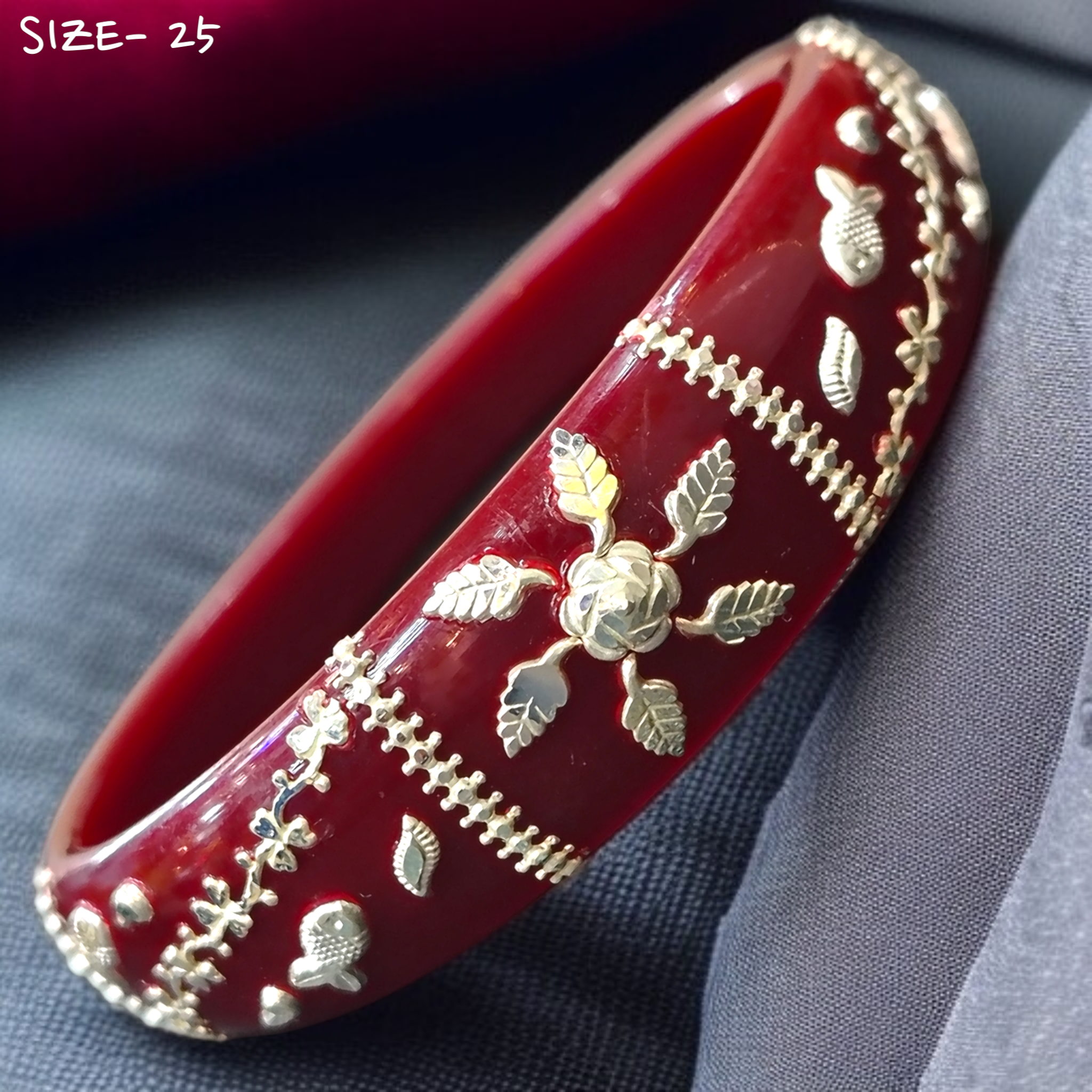 (SSP) (SIZE- 25) MAROON PASTING DESIGN 925 ORIGINAL SILVER POLA BANGLES FOR WOMEN 1 PC - SOLD AS MRP BY RAJLAXMI.