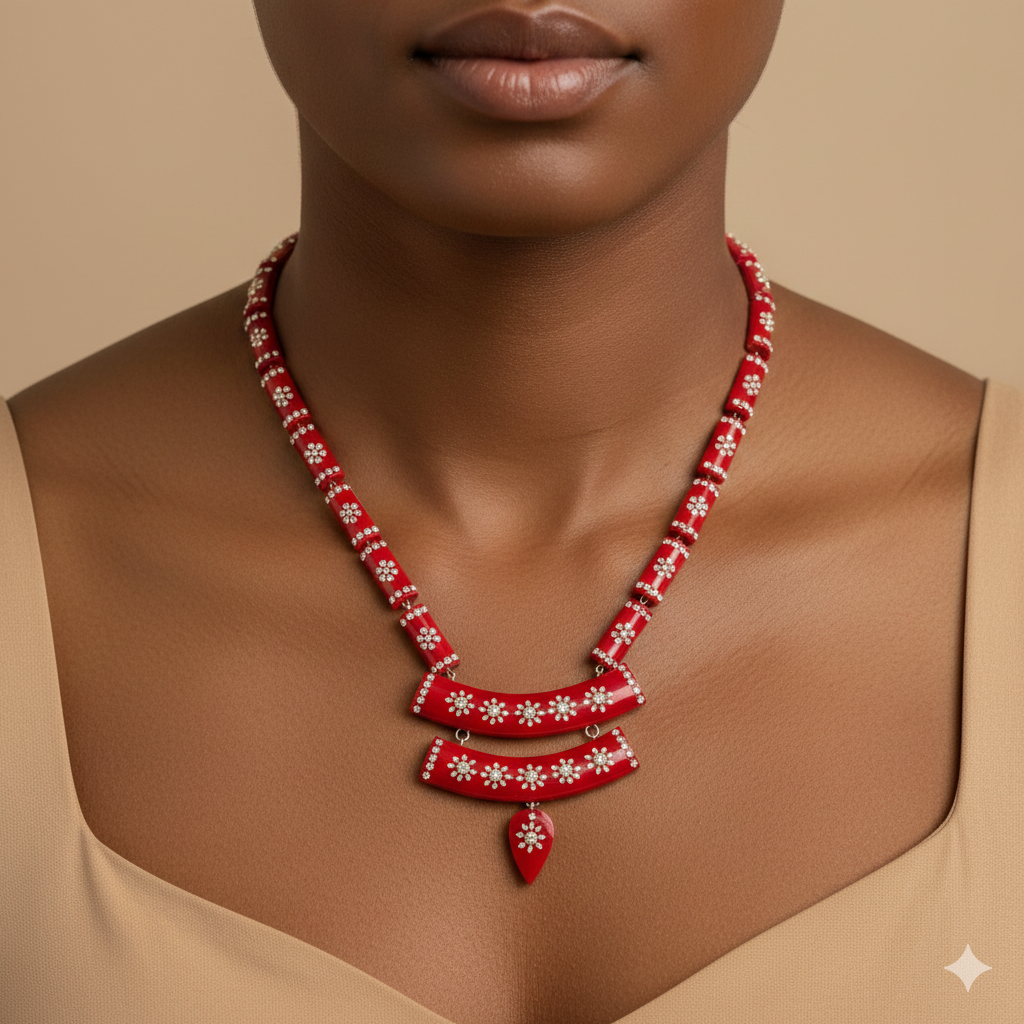 RED SILVER NECKLACE- CERTIFIED HALLMARK 925 SILVER POLA SITAHAR WITH EARRINGS APPROX WGT: 8.00 GM (1 PIECE) WITH TASSEL FOR BEAUTIFUL WOMEN (GET ANY DESIGN AS PER STOCK).