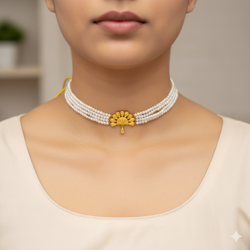 (GMC) CERTIFIED BIS HUID HALLMARK 916 22KT GOLD MOTI CHOKER 1 PIECE (WGT: 0.970 GM) WITH ADJUSTABLE TASSEL FOR GIFT IN MARRIAGE.