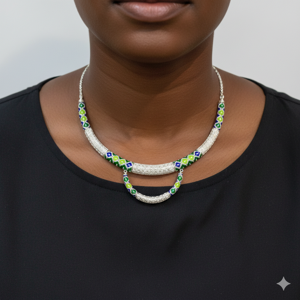 SILVER NECKLACE- CERTIFIED HALLMARK 925 SILVER HASULI NECKLACE 1 PIECE WITH EARRINGS (MINAKARI MANIPUR DESIGN) APPROX WGT: 46.220 GM (1 PIECE) FOR BEAUTIFUL WOMEN.