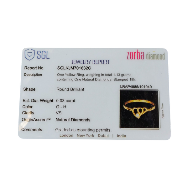 RAJLAXMI DIAMOND JEWELLERY (SIZE:14) - WGT: 1.130 GM - NATURAL DIAMOND (0.03 CENT) HUID HALLMARK 18KT DIAMOND FINGER RING FOR WOMEN WITH CERTIFICATE OF AUTHENTICITY BY ZORBA (DESIGN NO: LRAP4985).