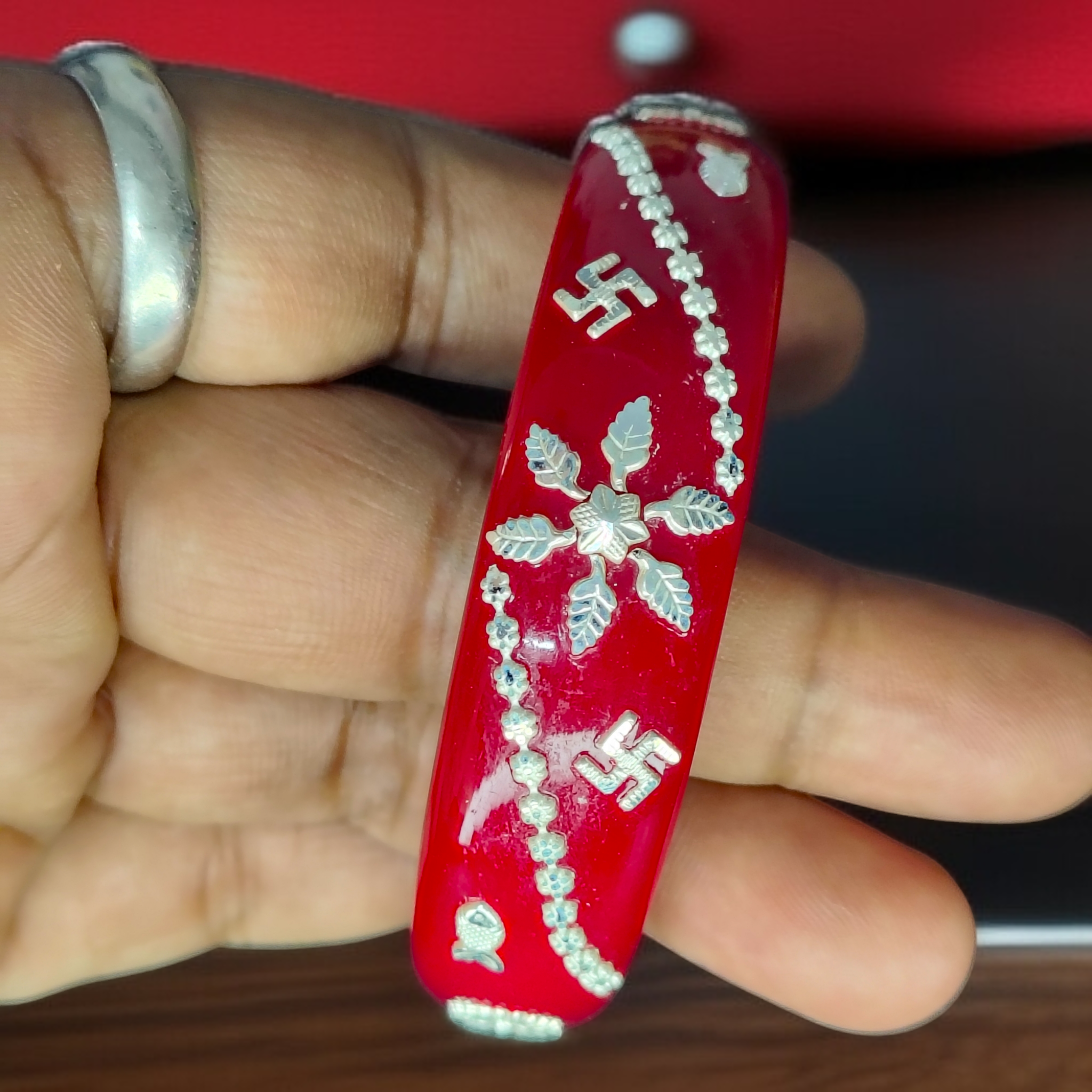 (SSP) (SIZE- 25) RED PASTING DESIGN 925 ORIGINAL SILVER POLA BANGLES FOR WOMEN 1 PC - SOLD AS MRP BY RAJLAXMI.