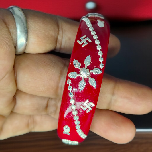 (SSP) (SIZE- 25) RED PASTING DESIGN 925 ORIGINAL SILVER POLA BANGLES FOR WOMEN 1 PC - SOLD AS MRP BY RAJLAXMI.