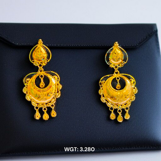 (GER22) BIS CERTIFIED WGT: 3.280 GM APPROX HUID HALLMARK 916 22KT GOLD EARRINGS KANBALA 1 PAIR FOR WOMEN.