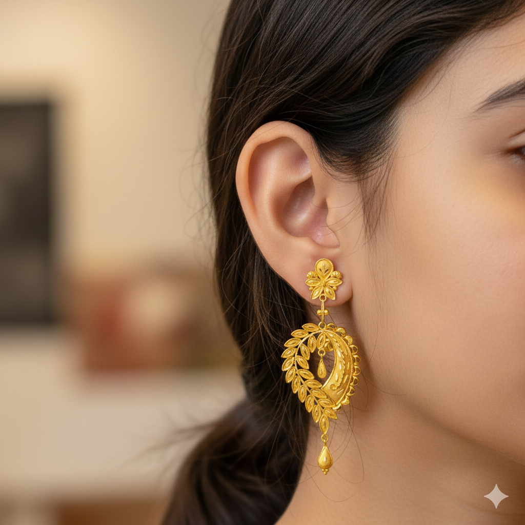 (GER22) BIS CERTIFIED WGT: 3.970 GM APPROX HUID HALLMARK 916 22KT GOLD EARRINGS KANBALA 1 PAIR FOR WOMEN.