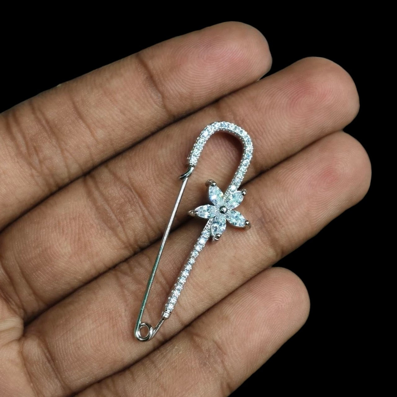SILVER BROOCH- CERTIFIED BIS HALLMARK 925 SILVER BROOCH CEPTIPIN FOR SAREE 1 PIECE STUDDED WITH AMERICAN DIAMOND- (SOLD ON MRP) NON EXCHANGEABLE ITEM.