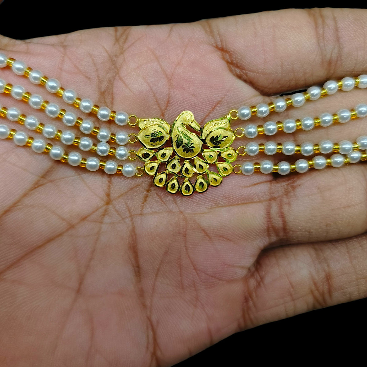 GOLD MANTASHA- (I7BLCL)-(WGT: 0.770 GM APPROX) BIS CERTIFIED HUID HALLMARK 375 9KT GOLD MOTI MANTASHA WITH PEARL CHAIN FOR WOMEN.
