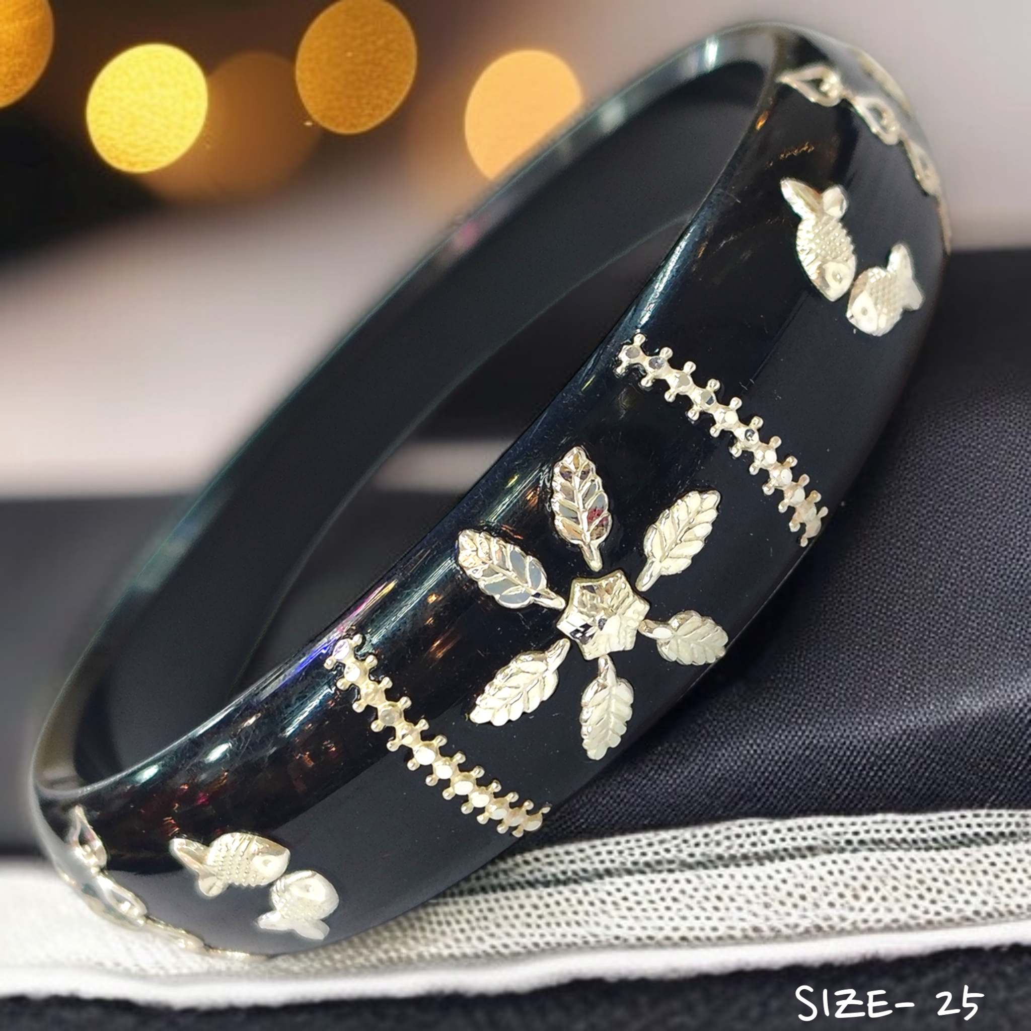 (SBP) (SIZE- 25) BLACK PASTING DESIGN 925 ORIGINAL SILVER POLA BANGLES FOR WOMEN 1 PC - SOLD AS MRP BY RAJLAXMI.